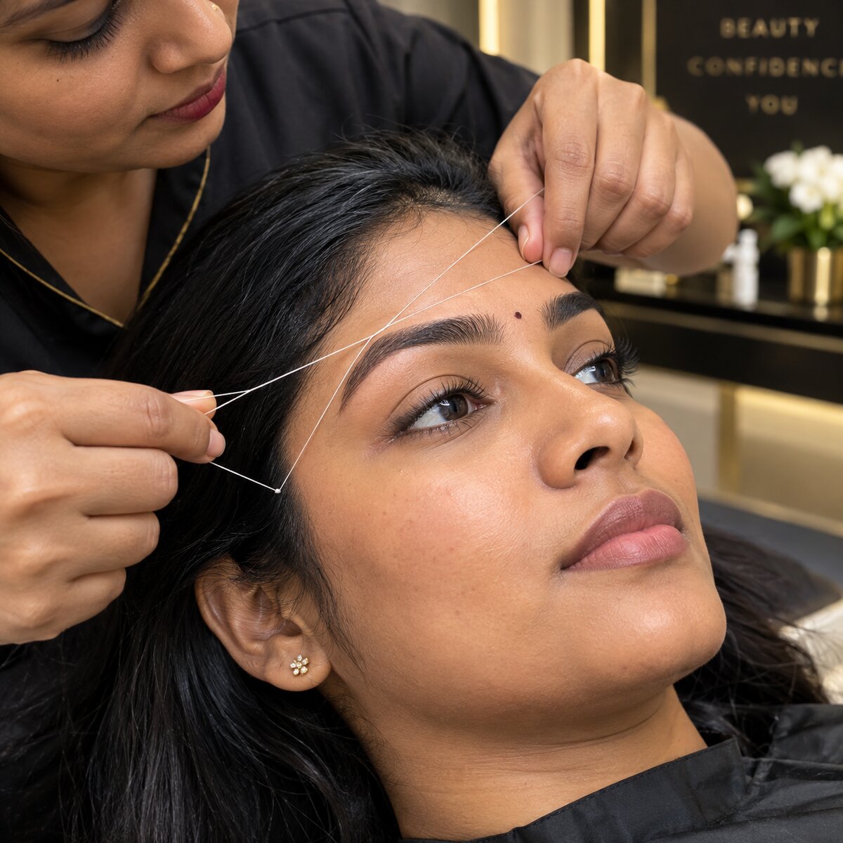 Brow threading, mid-motion.