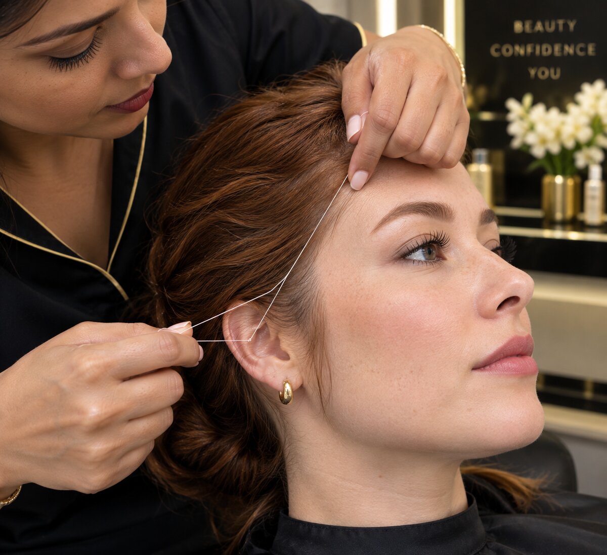 Forehead threading, steady hands.